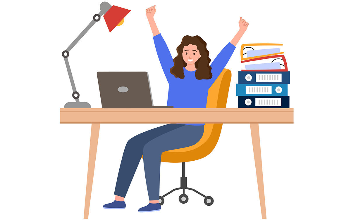 デスクで両手をあげている人のイラスト