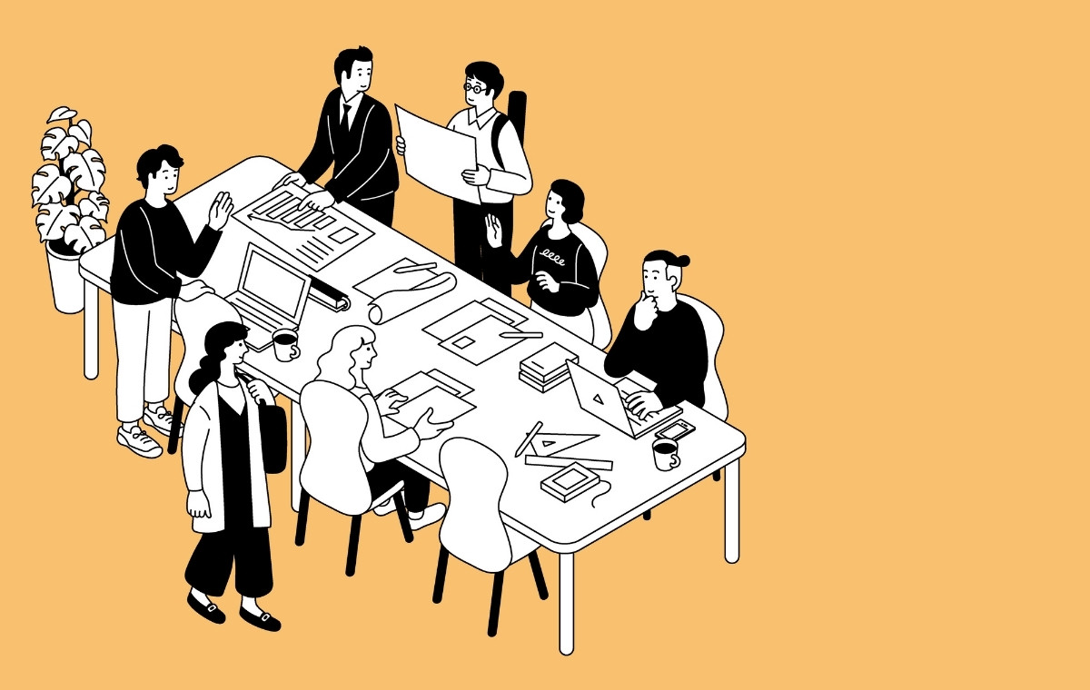 職場で会議中のイラスト