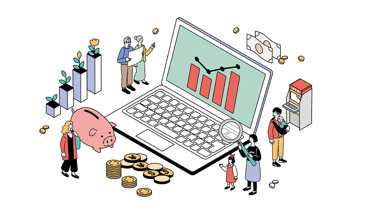 投資、資産運用をイメージするアイソメトリック構図のイラスト