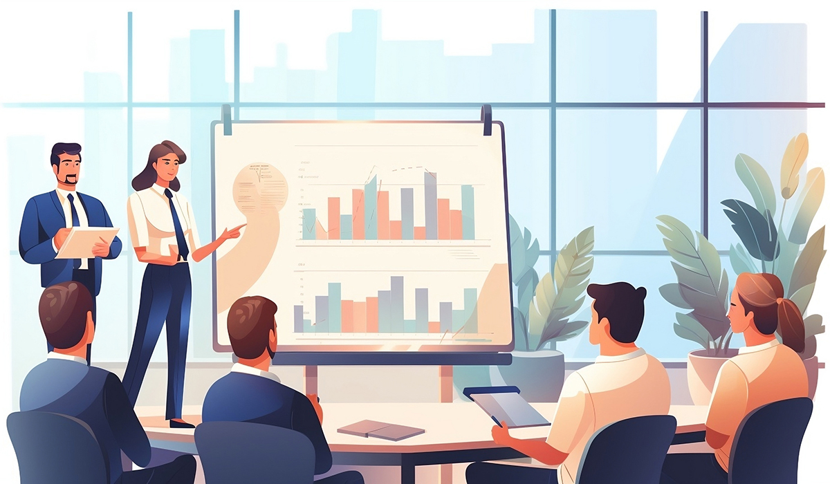 ミーティング、ボードとグラフ イラスト