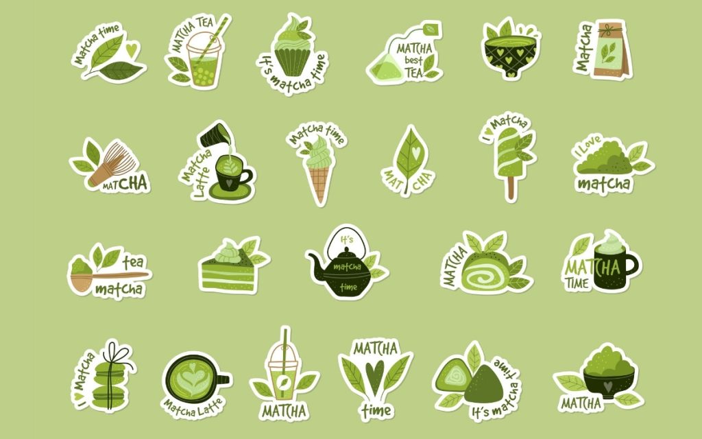 さまざまな抹茶パウダーを使ったお菓子や飲み物のイラスト