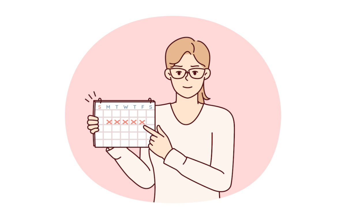 印がつけられたカレンダーの日付を指さす女性のイラスト