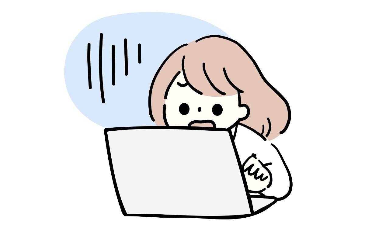 ノートパソコンの前で青ざめる女性のイラスト