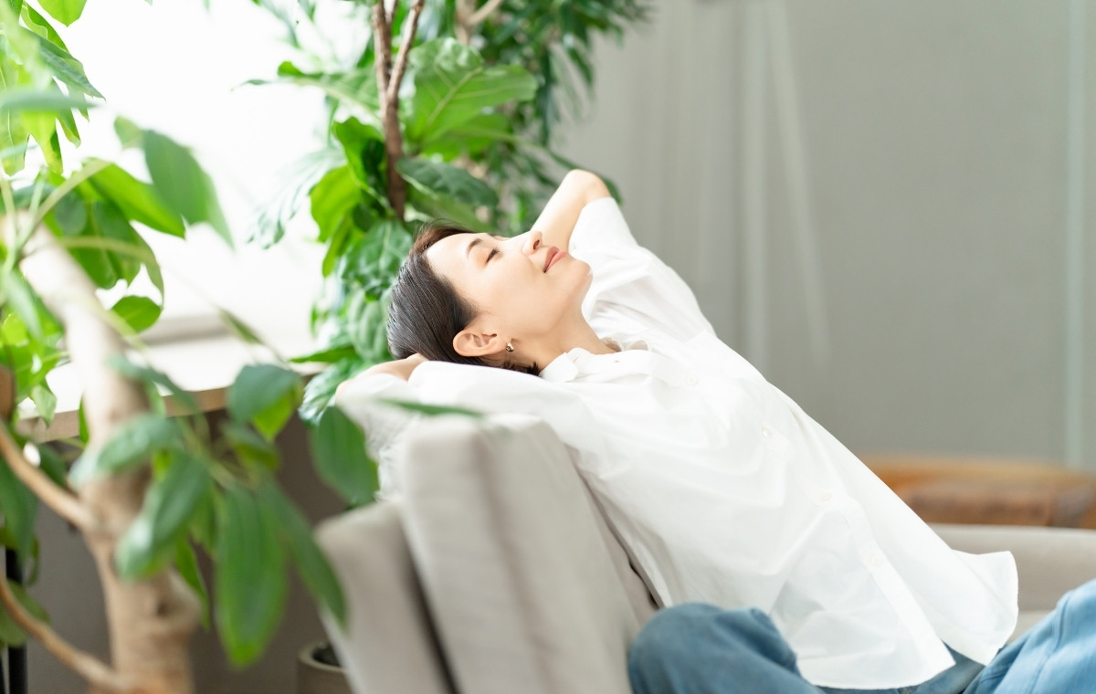 伸びをする女性の写真