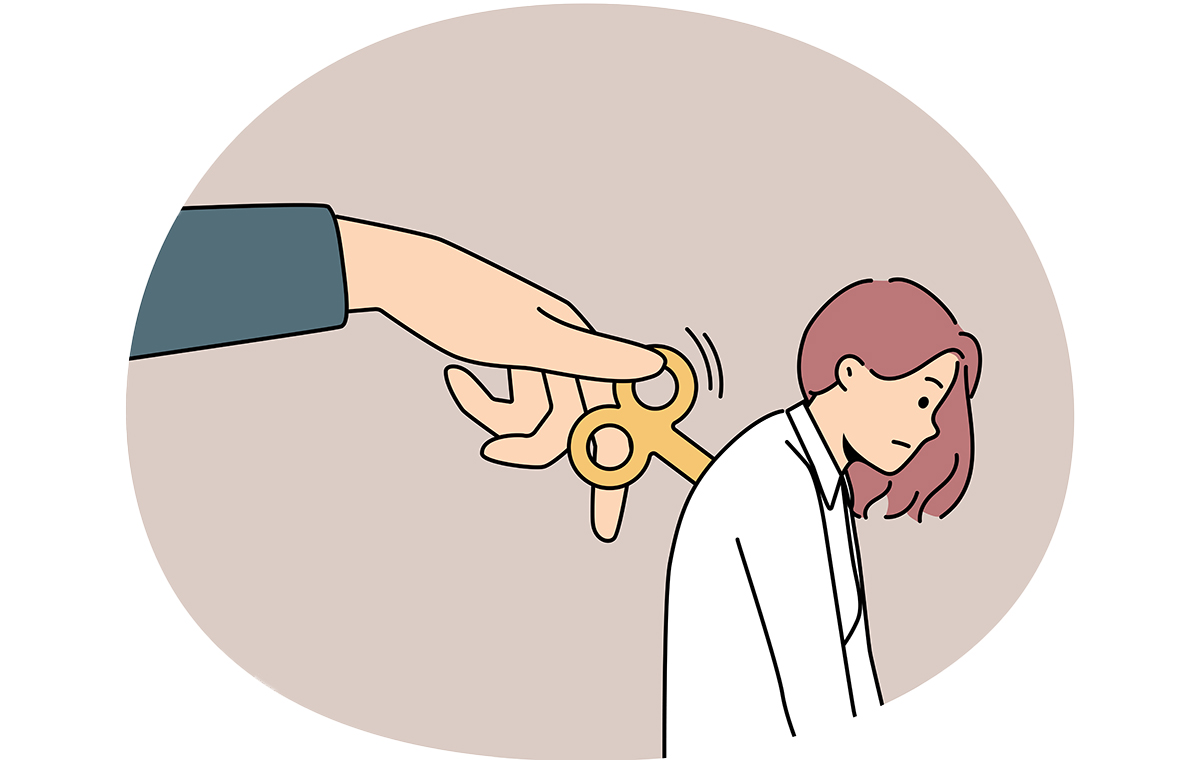 背中のネジを回される女性 イラスト