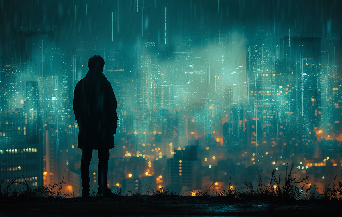 雨の街を見下ろす男性