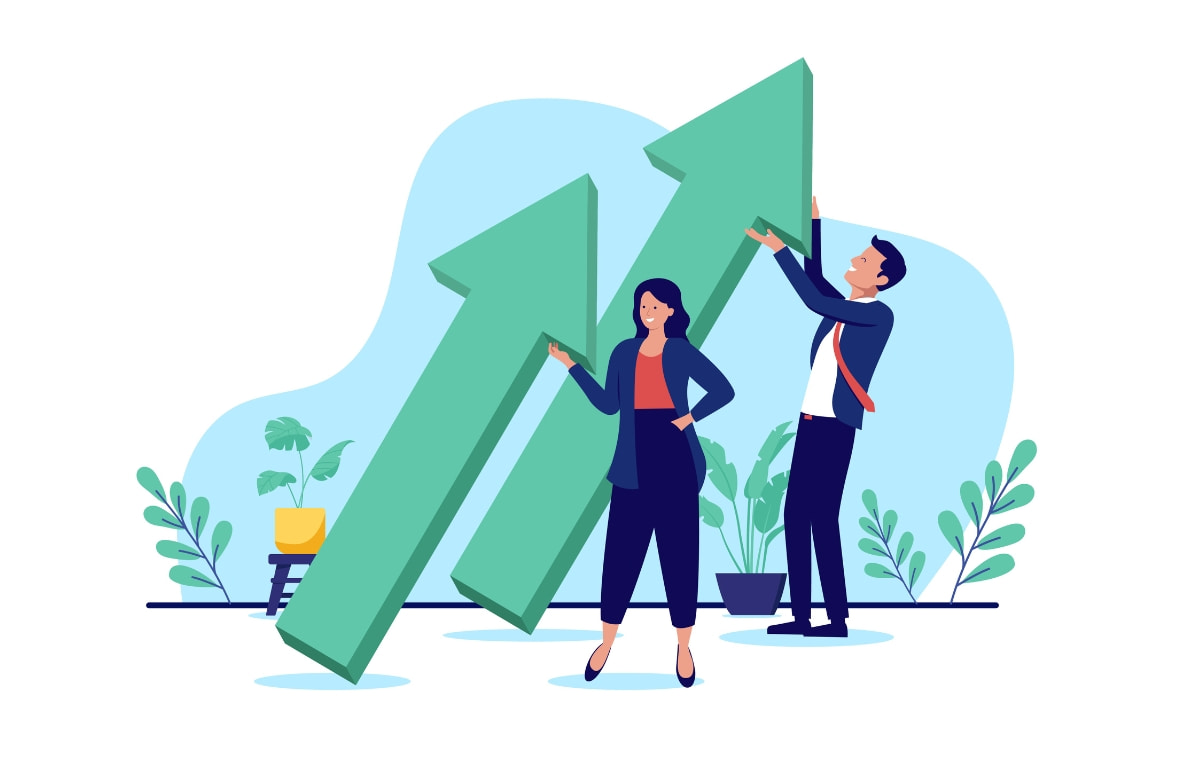上に向かう矢印を支えるビジネスマンとビジネスウーマンのイメージイラスト