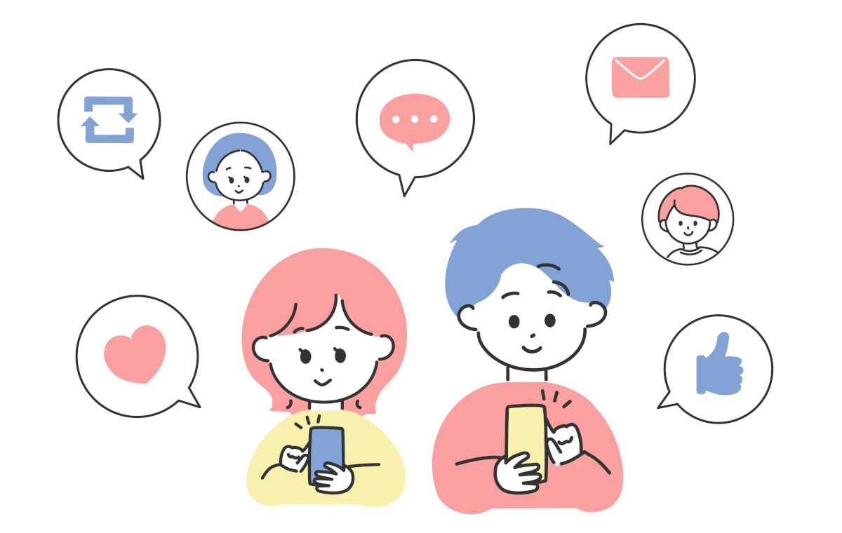 スマホでSNSを楽しむ男女のイラスト