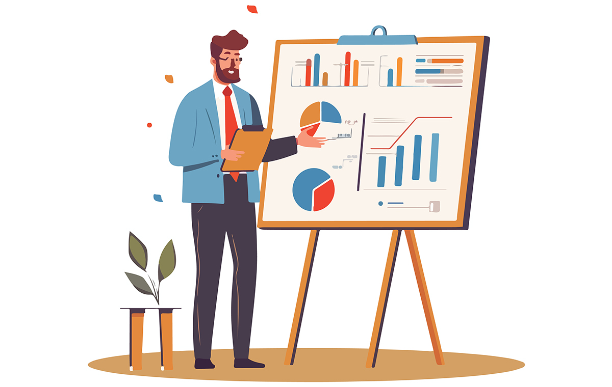 グラフを用いて説明をする男性