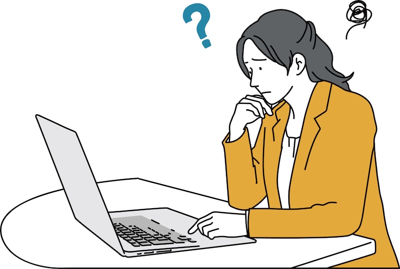 ノートパソコンの前で考えている人のイラスト
