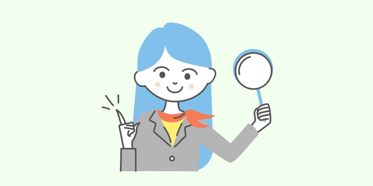 ルーペを持ってにこやかに注意喚起する女性のイラスト