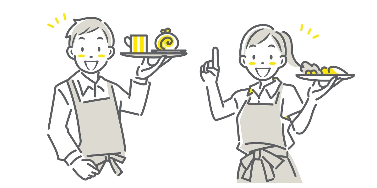 エプロン姿の男女がお菓子とサラダを持って笑っているイラスト