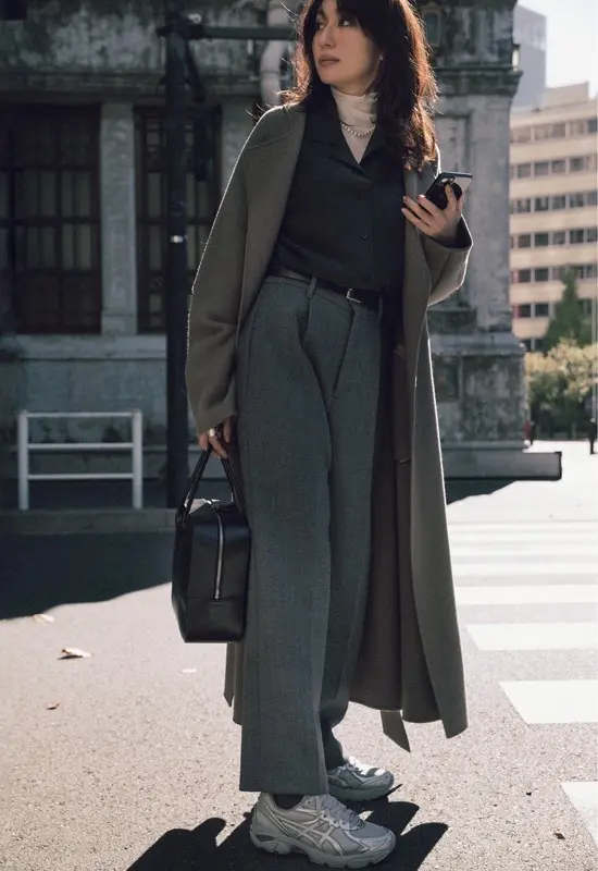 ロングコート×シャツ×パンツ×スニーカー