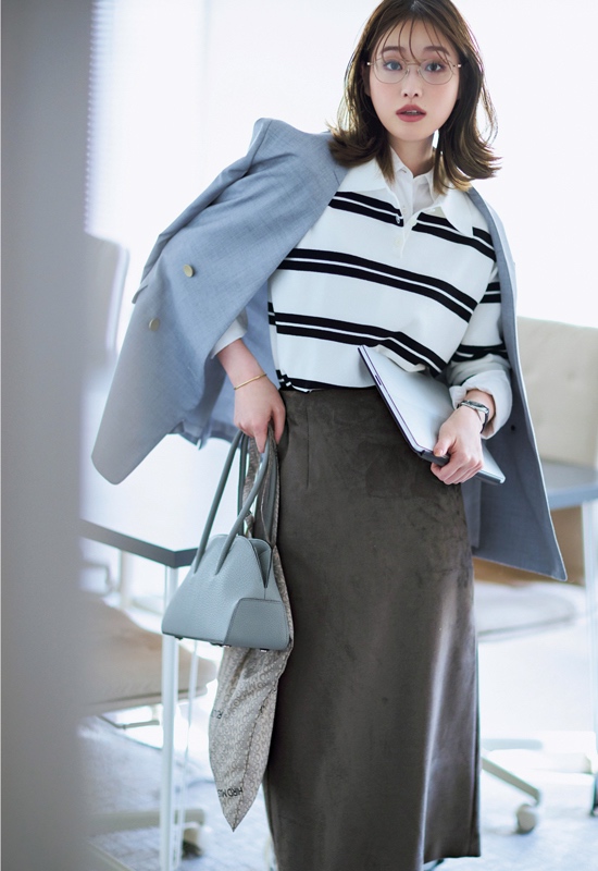 ノーカラージャケット×ポロニット×タイトスカート