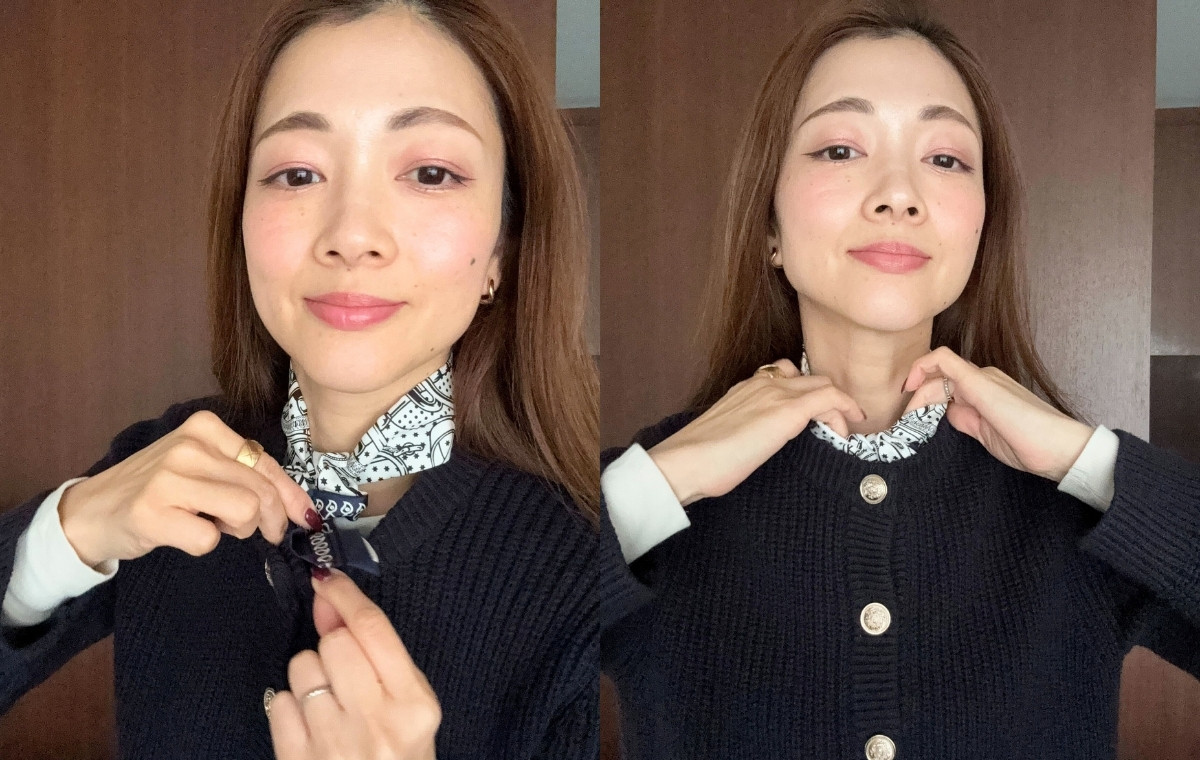 結び目の先端をニットの襟にしまっている写真を2枚並べた画像