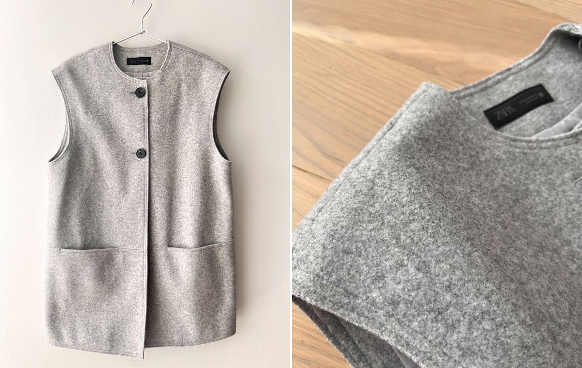 ソフトベストをハンガーにかけている写真と、肩口のアップショットを並べた画像