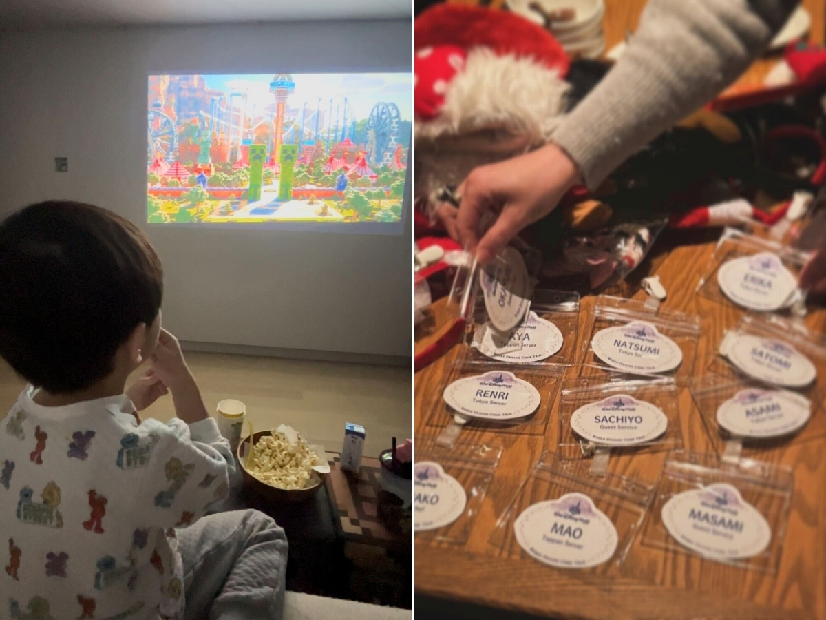 映画を見る息子さんの後ろ姿と、同窓会の名札の写真を並べた画像