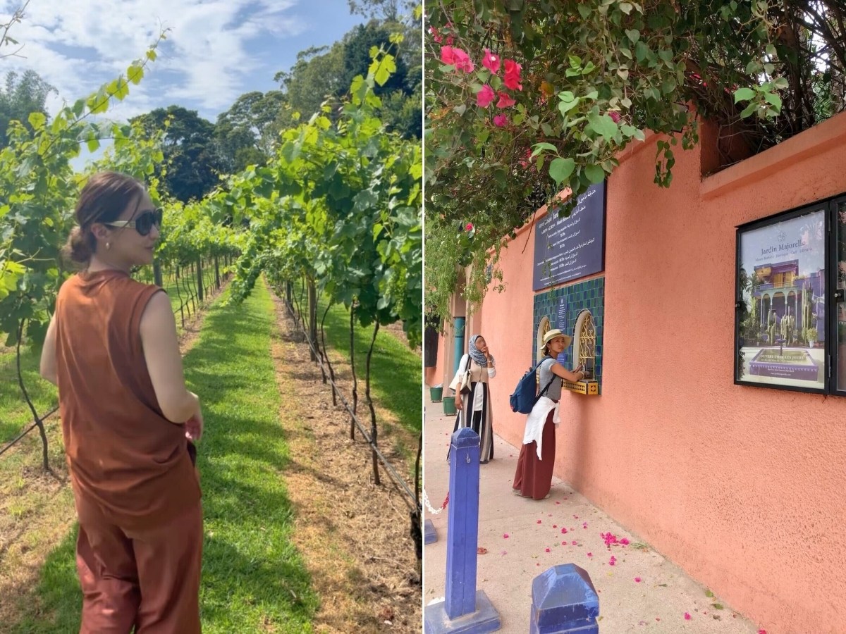 ワイナリー見学中の菱沼さんの写真と、庭園の受付にいる菱沼さんの写真を並べた画像