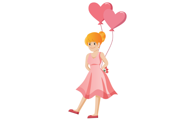 ハート型の風船を後ろ手にもった少女のイラスト