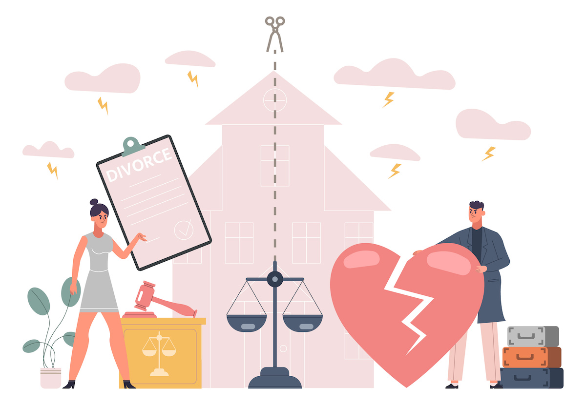 割れたハートや天秤、離婚届などが描かれ、左右に2人の人が立っているイラスト