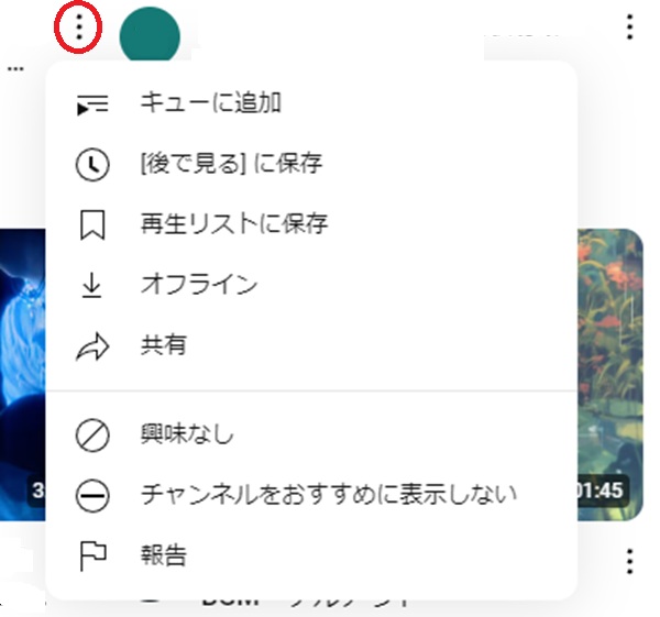 Youtubeのスクリーンショット画像。縦の三点を赤丸で囲んだ写真