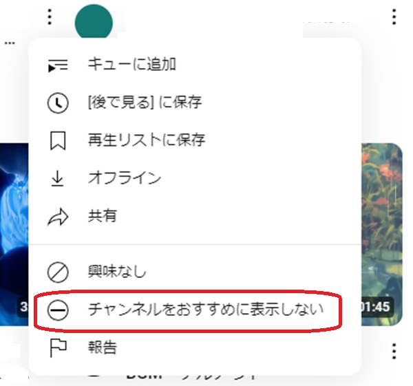 Youtubeのスクリーンショット。チャンネルをお勧めに表示しないという部分を赤で囲んでいる