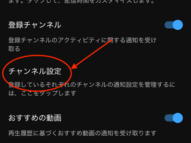 YouTubeアプリの通知設定画面「チャンネル設定」項目