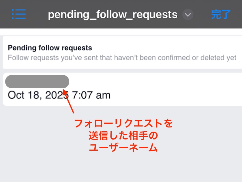 iPhone ファイルアプリでインスタグラムのフォローリクエストを確認している画面