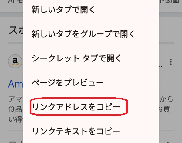 リンクのアドレスをコピーという部分を赤で囲んでいるスクリーンショット
