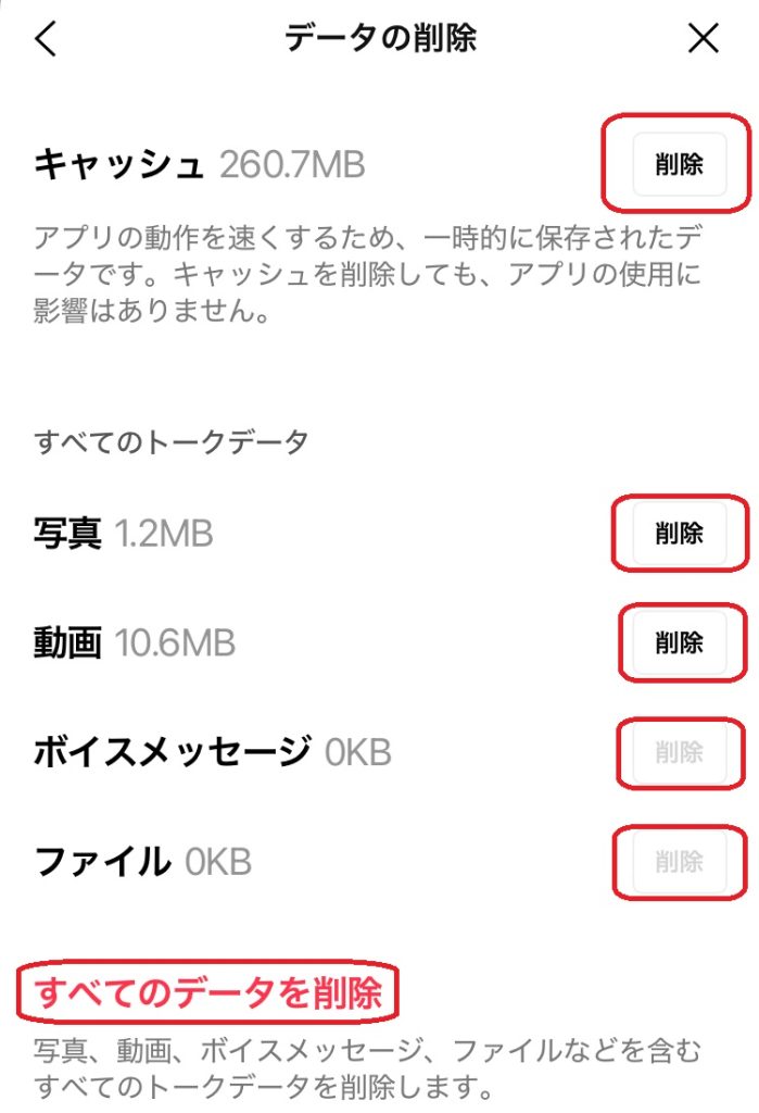 LINEデータの削除選択画面