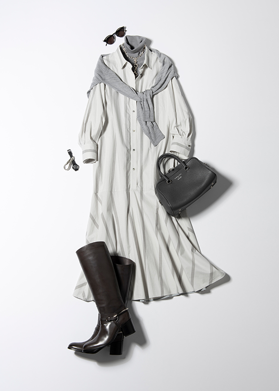 グレーニット×ストライプ柄シャツワンピース