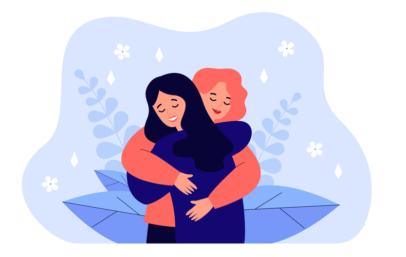 安心した表情で抱き合う女性ふたりのイラスト