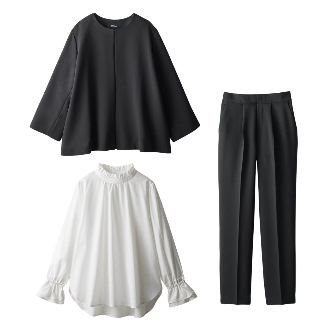 黒のジャケットとパンツ、白のブラウス