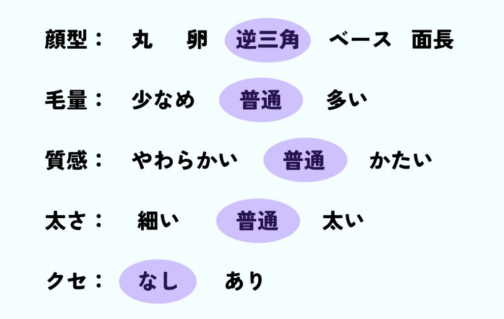 顔型 逆三角、毛量 普通、質感 普通、太さ 普通、クセ なし