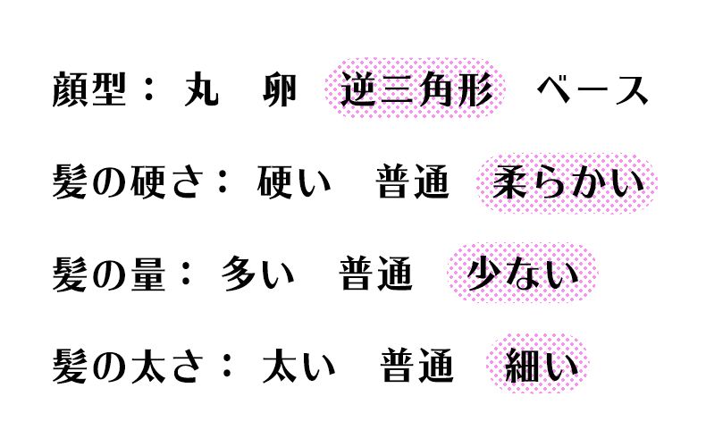 顔型 逆三角形、髪の硬さ やわらかい、髪の量 少ない、髪の太さ 細い
