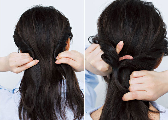 サイドの髪をとってねじっている後頭部写真