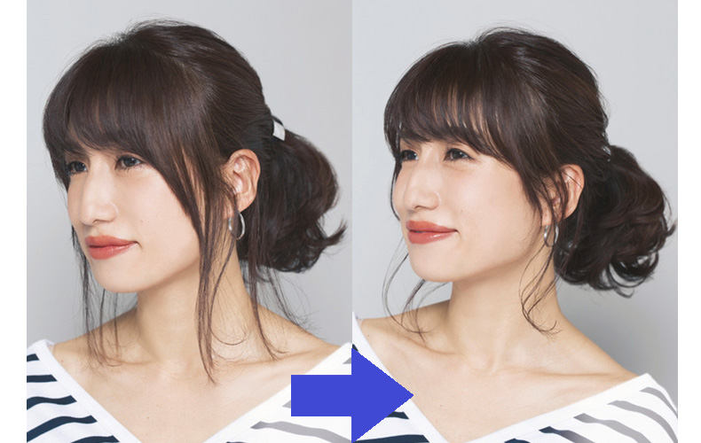 左 後れ毛がまっすぐのままのひとつ結びの写真 右 後れ毛にウェーブがかかったひとつ結びの写真