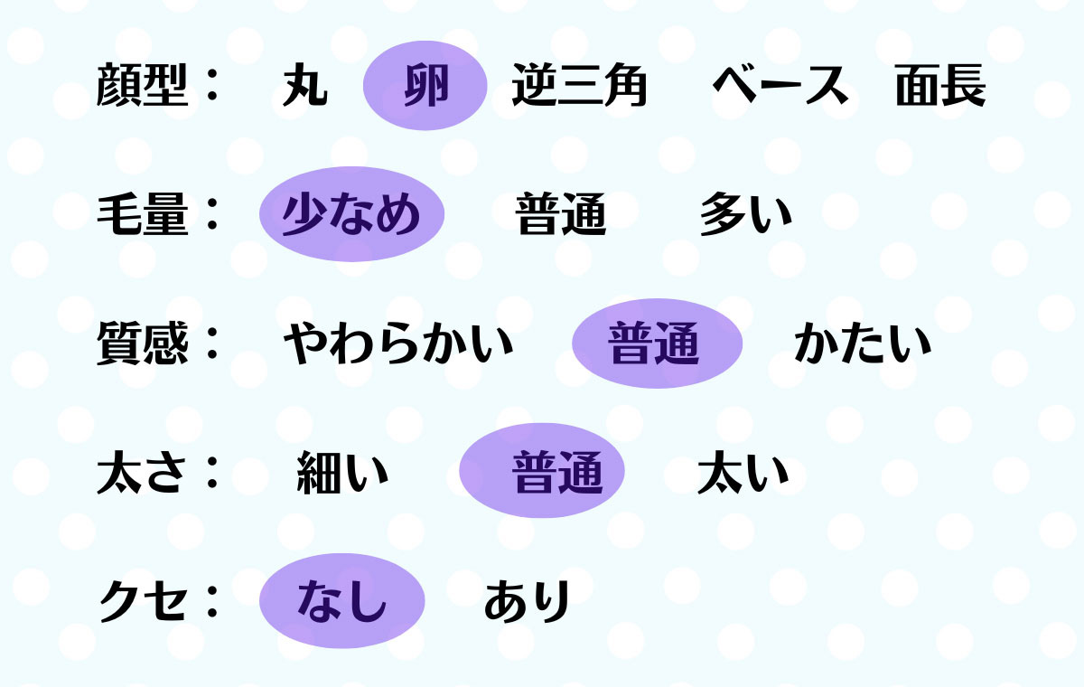顔型 卵、毛量 少なめ、質感 普通、太さ 普通 クセ なし