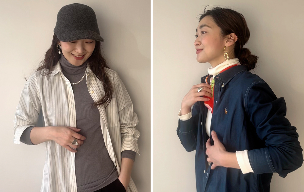 スタライプシャツとのレイヤードコーデと、デニムシャツとのレイヤードコーデ