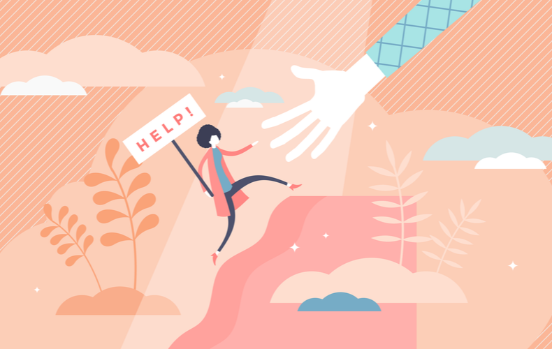 「HELP！」という看板を掲げた人に手を差し伸べる人のイラスト
