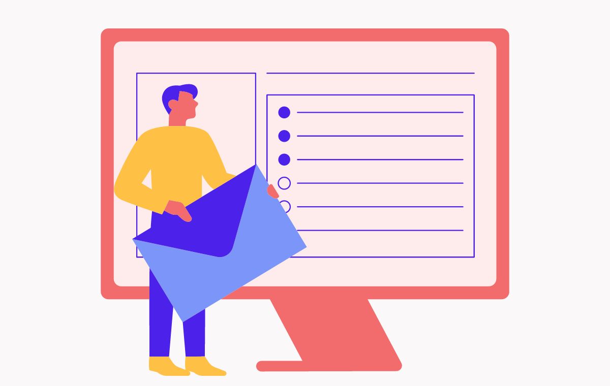 封筒を持っている人とデスクトップのイラスト メール作成のイメージ