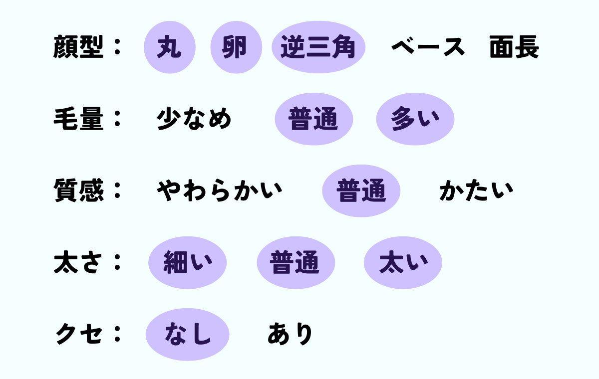 顔型：丸・卵・逆三角、毛量：普通〜多い、質感：普通、太さ：細い〜太い、クセ：なし