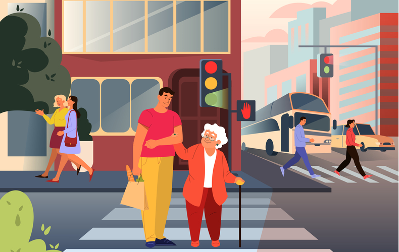 杖をついたおばあちゃんを助けて横断歩道を一緒に渡っている男性のイラスト