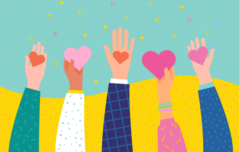 ハートを差し出す5人の手元のイラスト