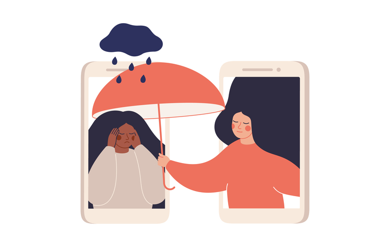 女性に傘を差しだしている女性のイラスト