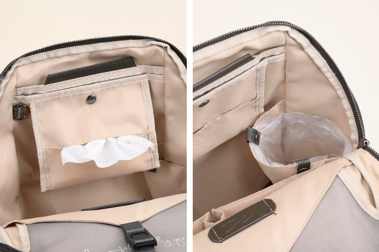 【W&.Day/Night（ダブルアンド デイナイト）】ポッケスの中のティッシュ入れ・簡易ごみ入れスペースの写真