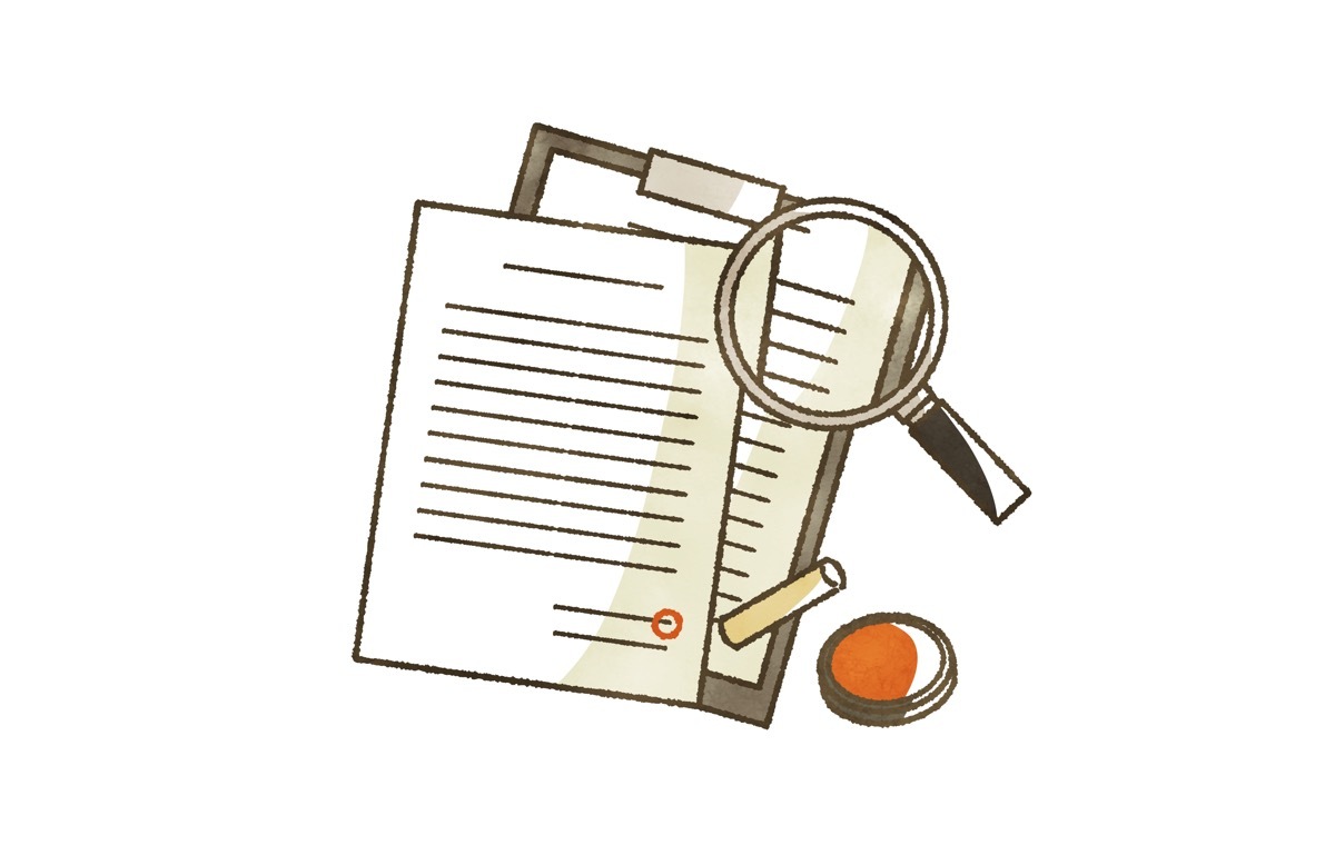 書類　はんこ　虫眼鏡