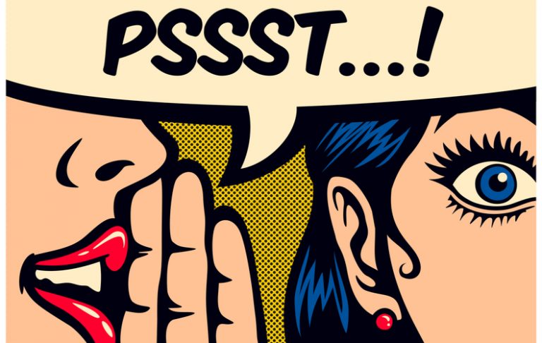 相手の耳元に「PSSST…！」とささやく人のイラスト