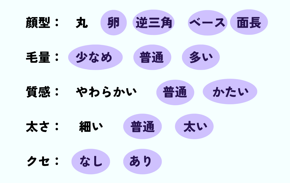 顔型 卵 逆三角形 ベース 面長、毛量 少なめ 普通 多い、質感 普通 かたい、太さ 普通 太い、クセ なし あり