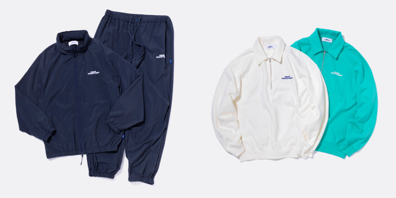 ナイロンセットアップ、ハーフジップスウェット